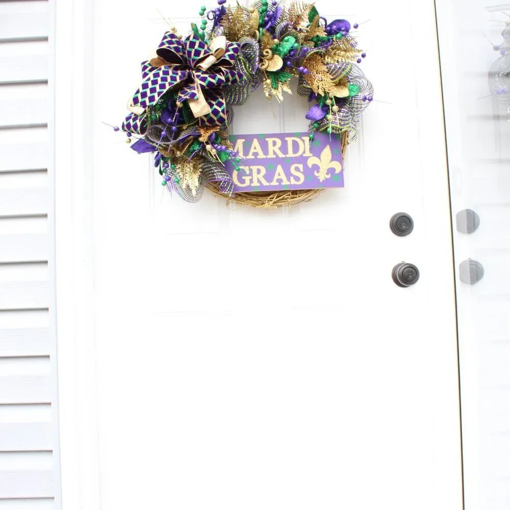 Fancy Mardi Gras Grapevine Wreath for Front Door, Fleur de Lis Decor, Gold Purpl